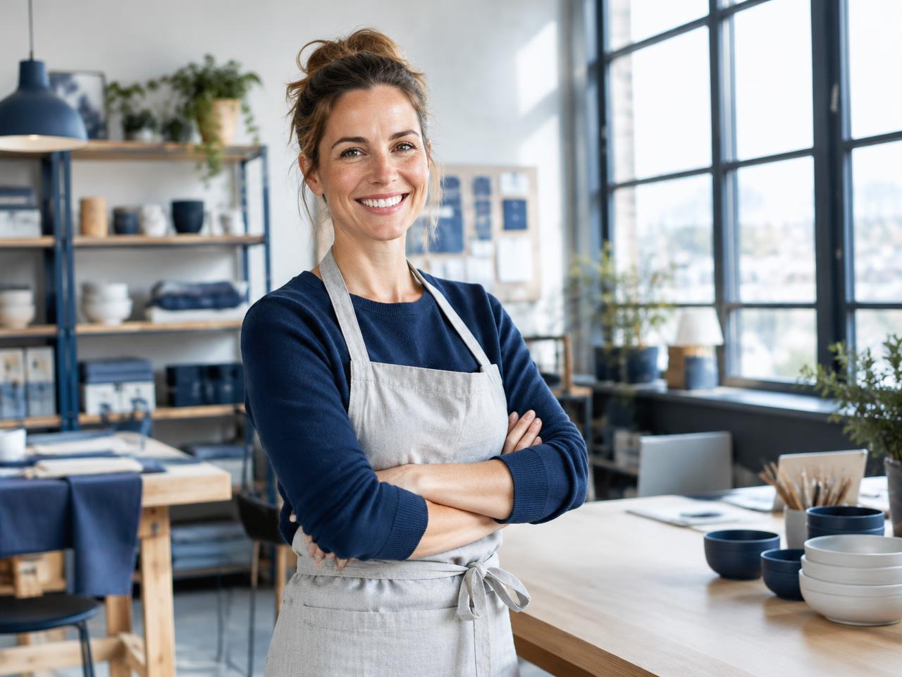Inhaberin eines kleinen Betriebs prüft Unterlagen an einem Arbeitstisch in ihrer Werkstatt